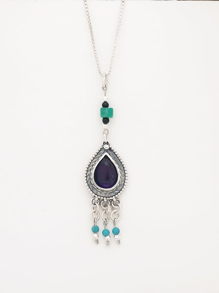 B75-  Drop Silver Necklace with Multiple Stones - Zehava Jewelry