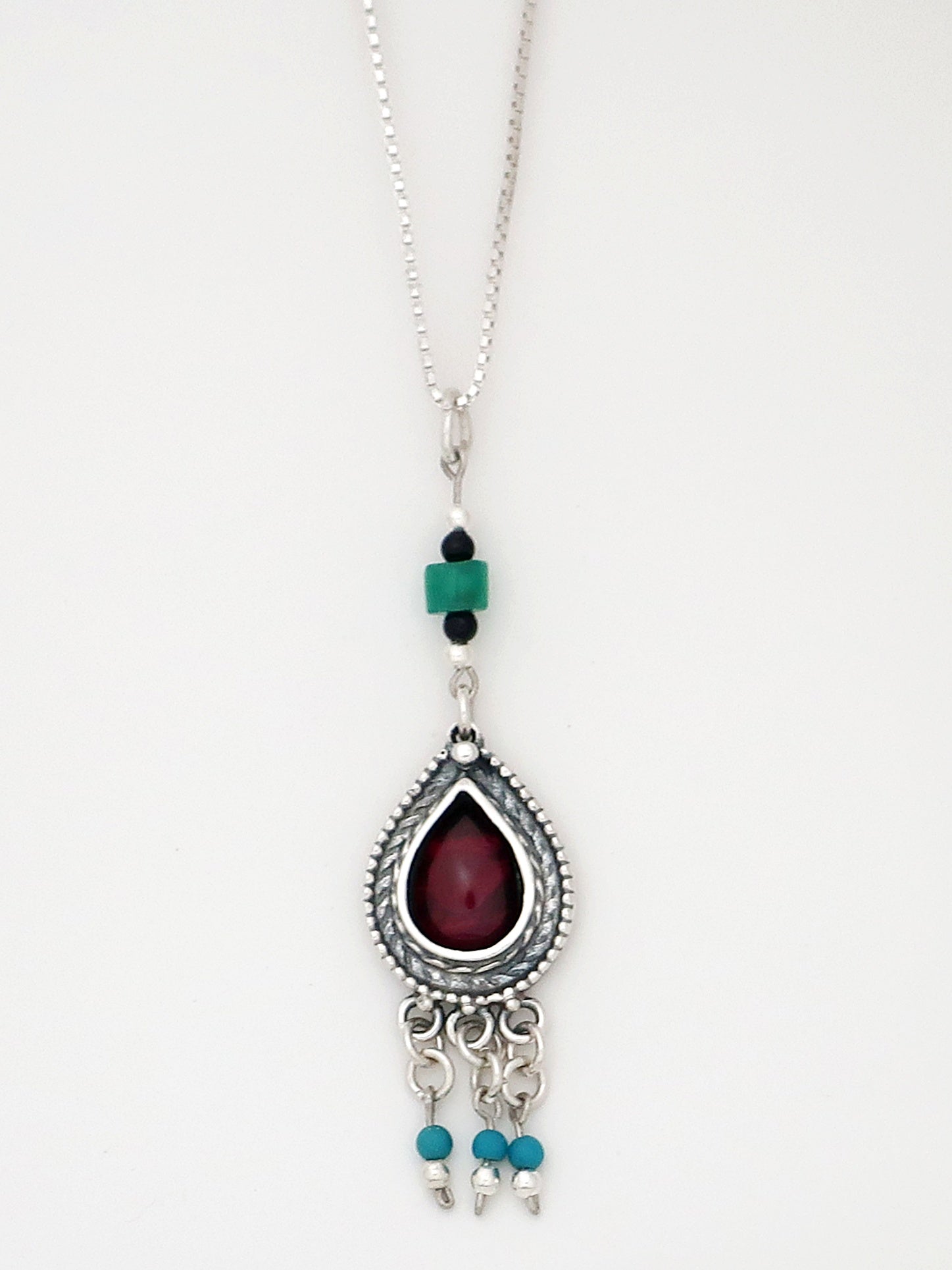 B75-  Drop Silver Necklace with Multiple Stones - Zehava Jewelry