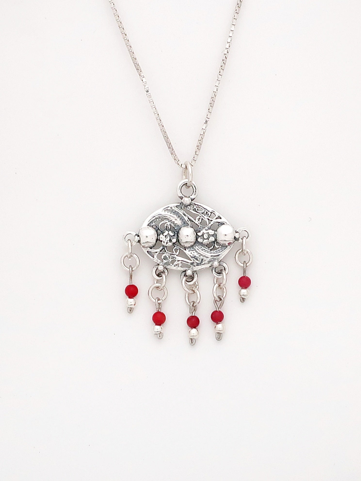 B77- Silver Filigree Pendant with Carnelian Beads - Zehava Jewelry