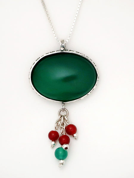 B34.1- Oval Shaped Pendant with Green Agate Stone - Zehava Jewelry