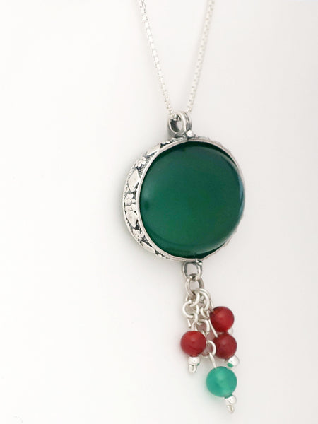 B34.1- Oval Shaped Pendant with Green Agate Stone - Zehava Jewelry