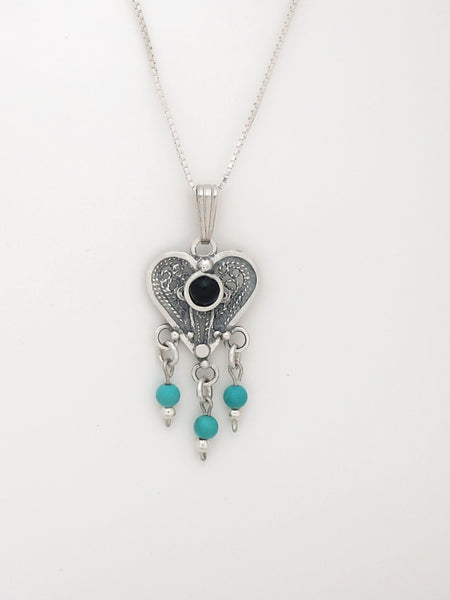 B79.2-  Filigree Heart Pendant with Multiple Stones - Zehava Jewelry