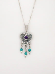 B79.2-  Filigree Heart Pendant with Multiple Stones - Zehava Jewelry