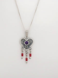 B79.1-  Filigree Heart Pendant with Multiple Stones - Zehava Jewelry