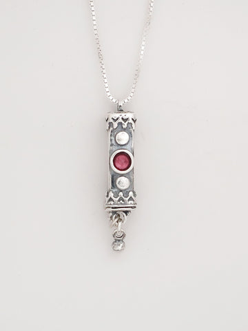 A10- Medium Mezuzah with Rose Cut Garnet Stone - Zehava Jewelry
