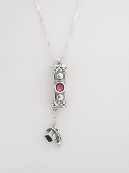 A10- Medium Mezuzah with Rose Cut Garnet Stone - Zehava Jewelry