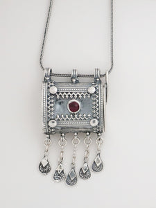 C16.3- Square Box Pendant with Opening Cap and Garnet Stone - Zehava Jewelry