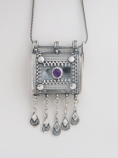 C16.5- Square Box Pendant with Opening Cap and Amethyst Stone - Zehava Jewelry