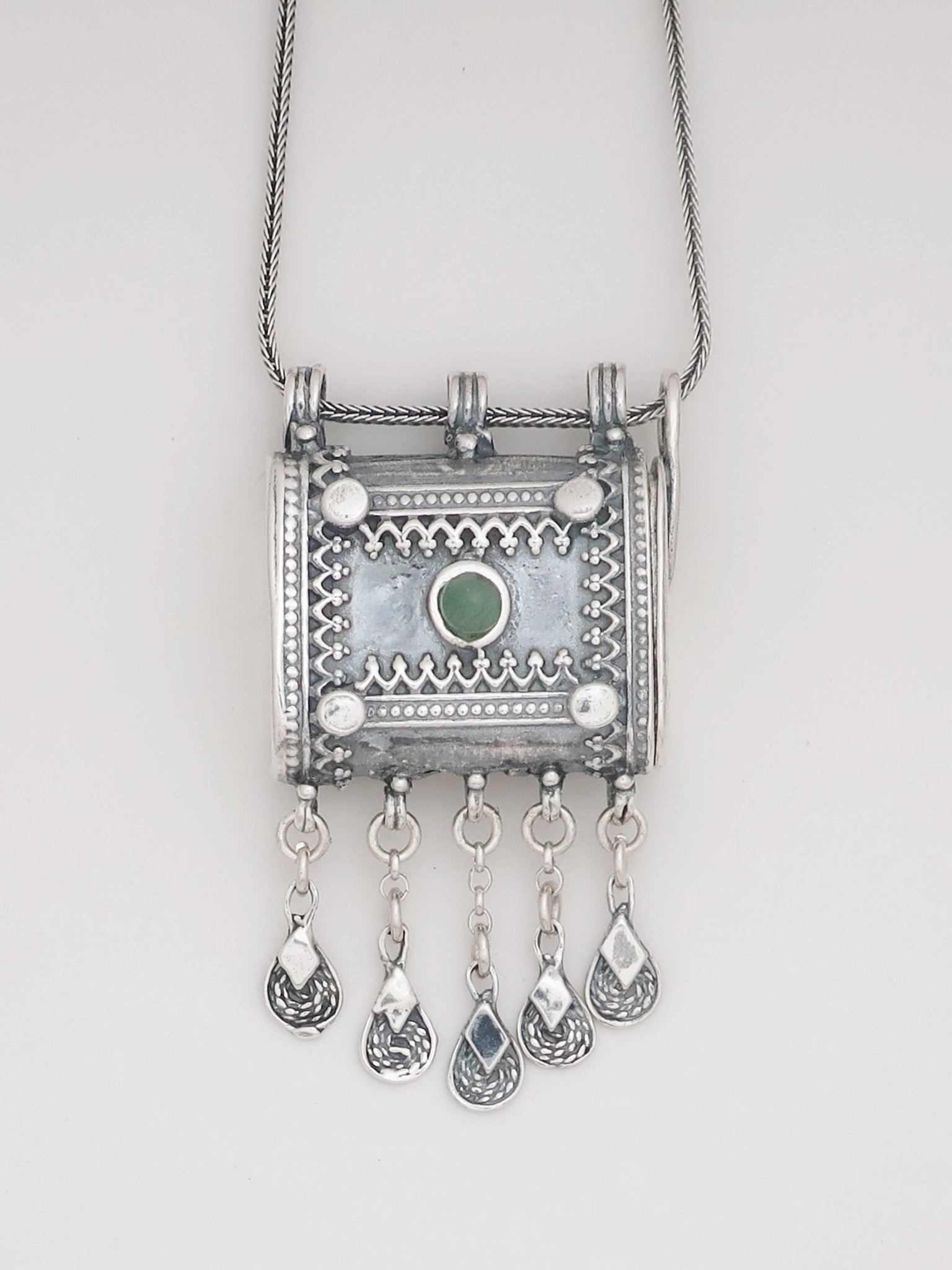 C16.6- Square Box Pendant with Opening Cap and Green Agate Stone - Zehava Jewelry