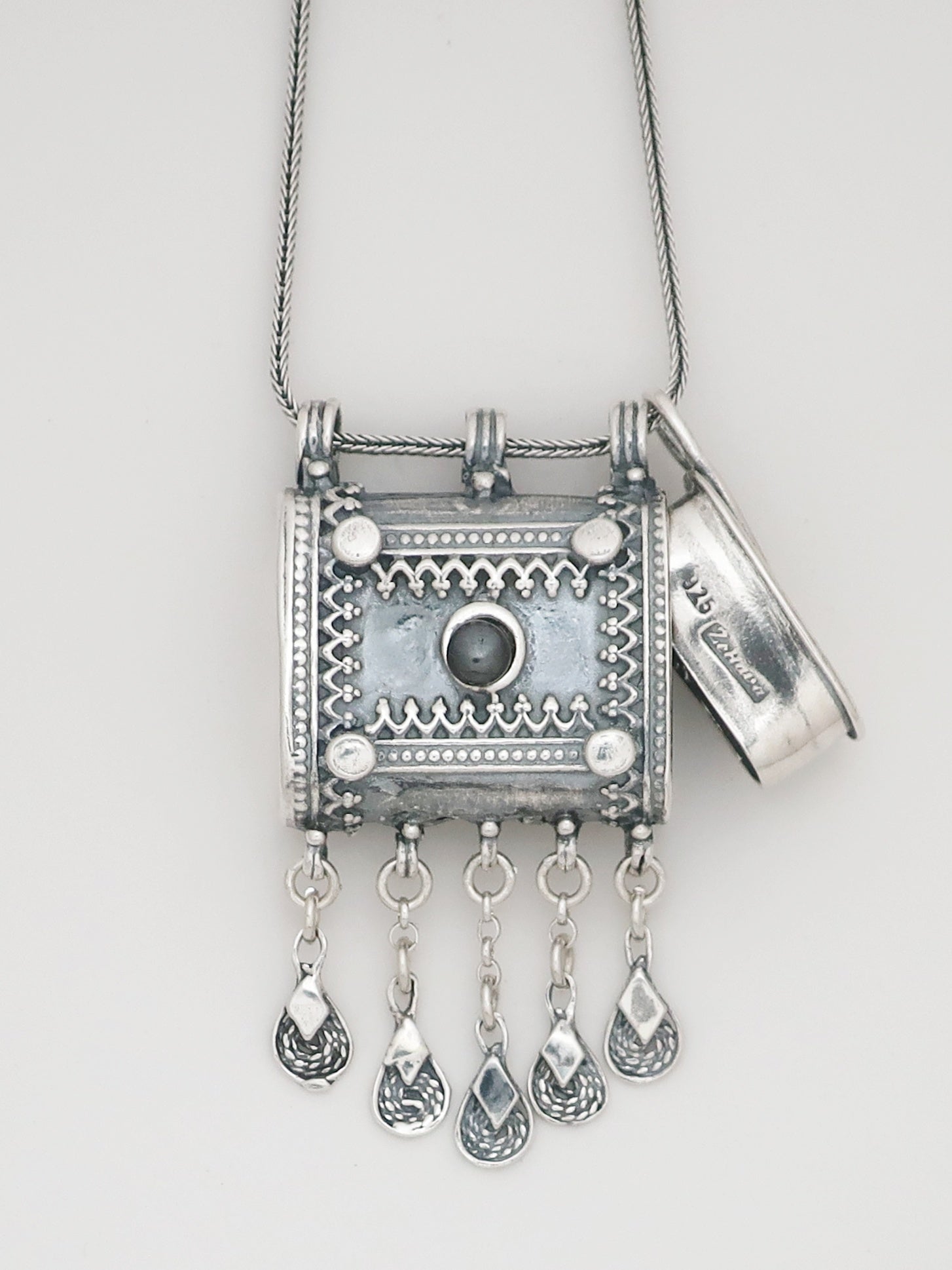 C16.7- Square Box Pendant with Opening Cap and Hematite Stone - Zehava Jewelry
