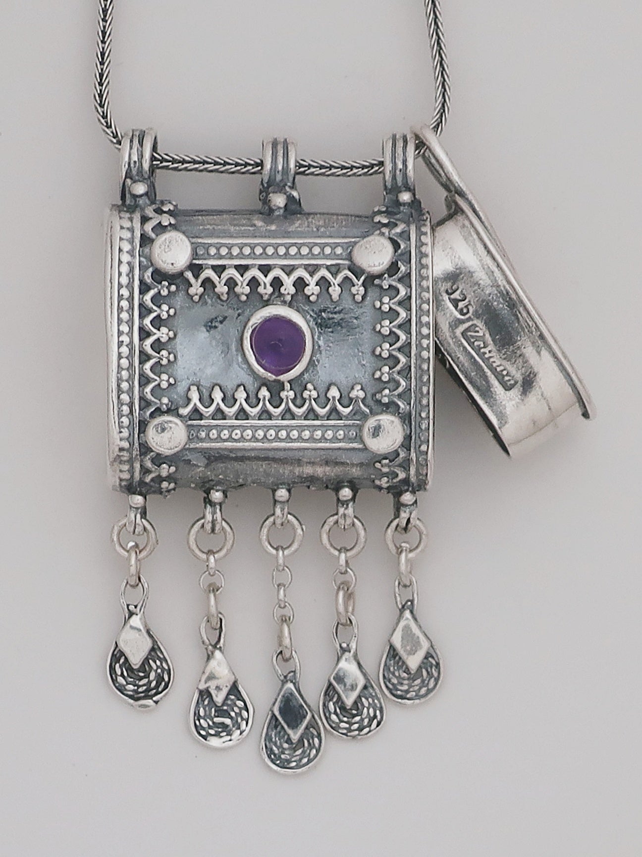 C16.5- Square Box Pendant with Opening Cap and Amethyst Stone - Zehava Jewelry