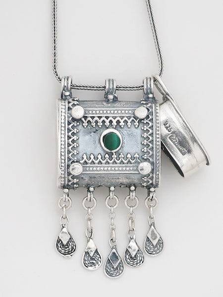 C16.4- Square Box Pendant with Opening Cap and Malachite Stone - Zehava Jewelry