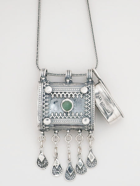 C16.6- Square Box Pendant with Opening Cap and Green Agate Stone - Zehava Jewelry