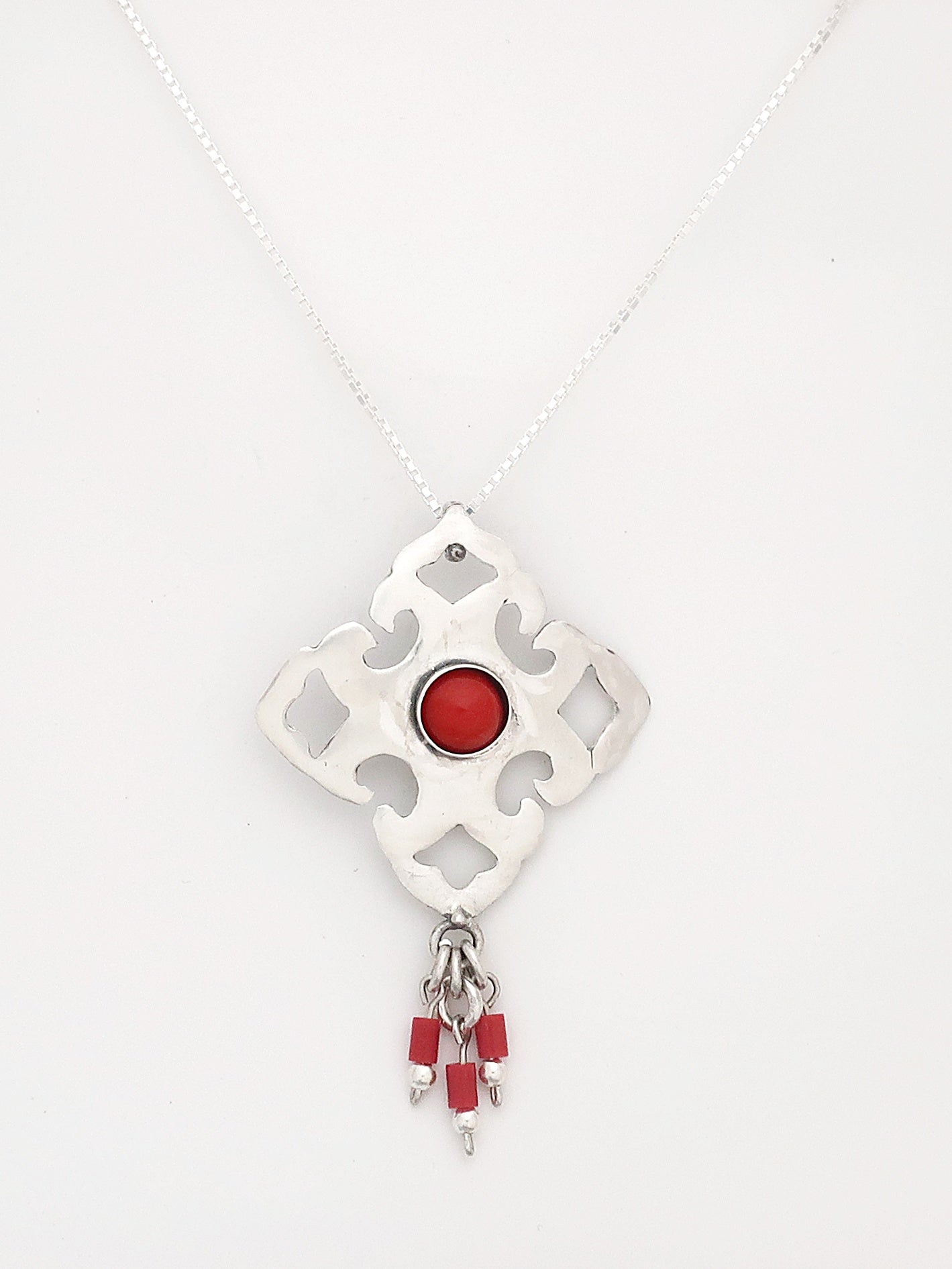 B84.4- Silver Pendant with Coral Stone - Zehava Jewelry