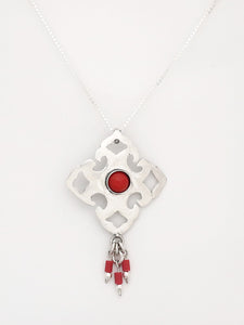 B84.4- Silver Pendant with Coral Stone - Zehava Jewelry