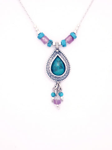 B83-  Drop Silver Necklace with Turquoise Stone - Zehava Jewelry