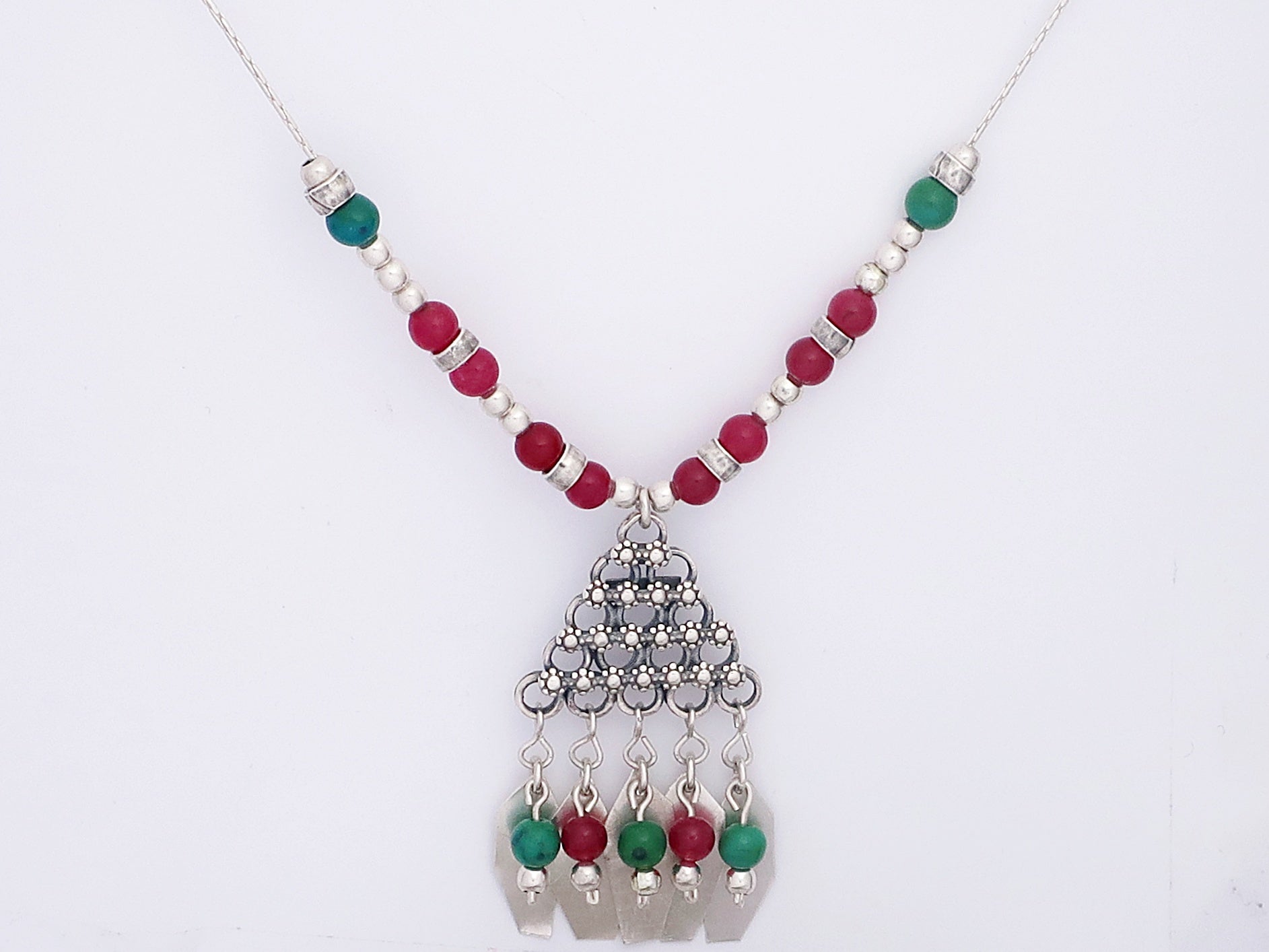 B90-  Triangle Necklace with Flowers - Zehava Jewelry