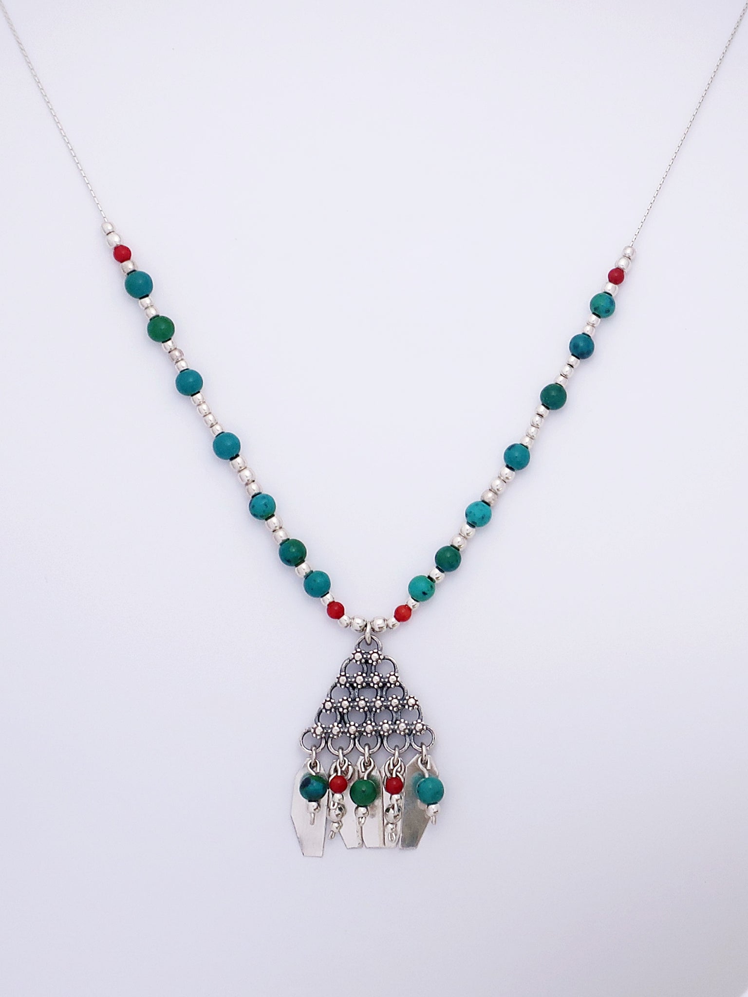 B89-  Triangle Necklace with Flowers - Zehava Jewelry