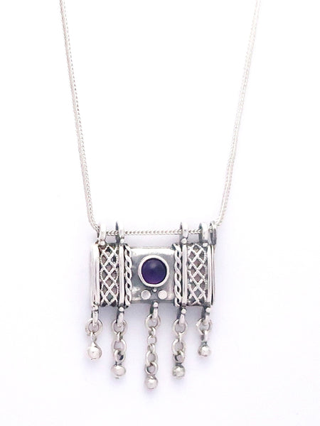 C18.1- Square Box Pendant with Opening Cap and Amethyst Stone - Zehava Jewelry