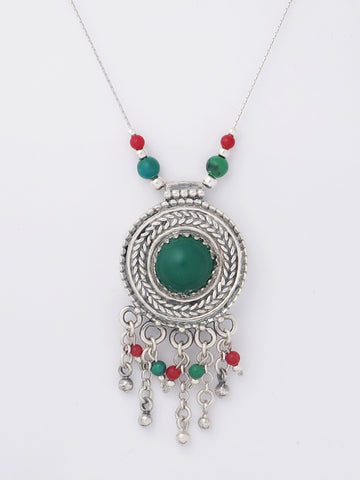 B113-Silver Necklace with Green Agate Stone - Zehava Jewelry