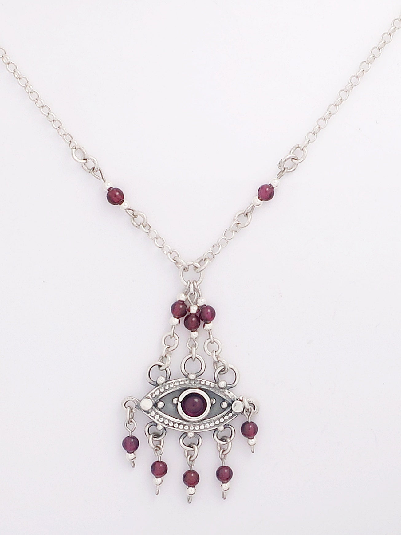 B94-Silver Eye Necklace with Garnet Stone - Zehava Jewelry