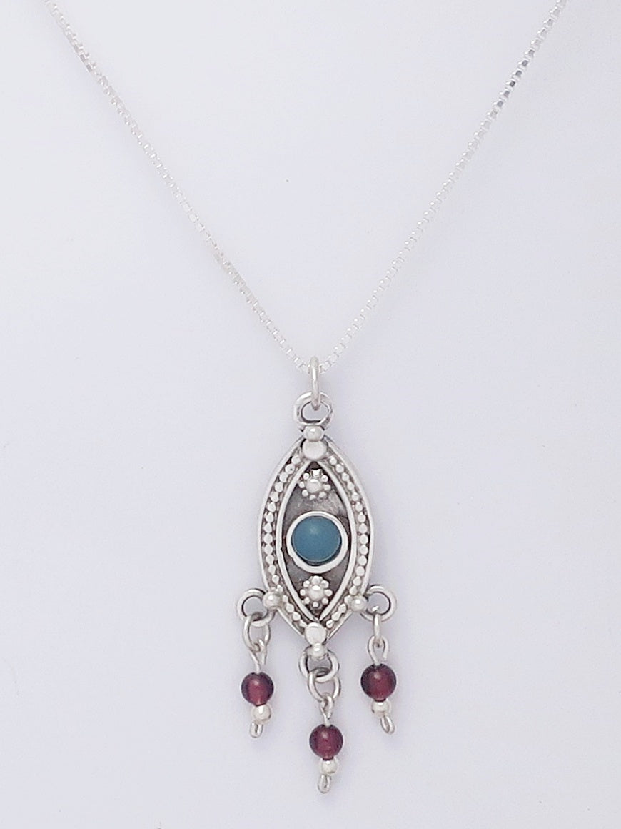 B95.1-Silver Eye Necklace with Blue Agate Stone