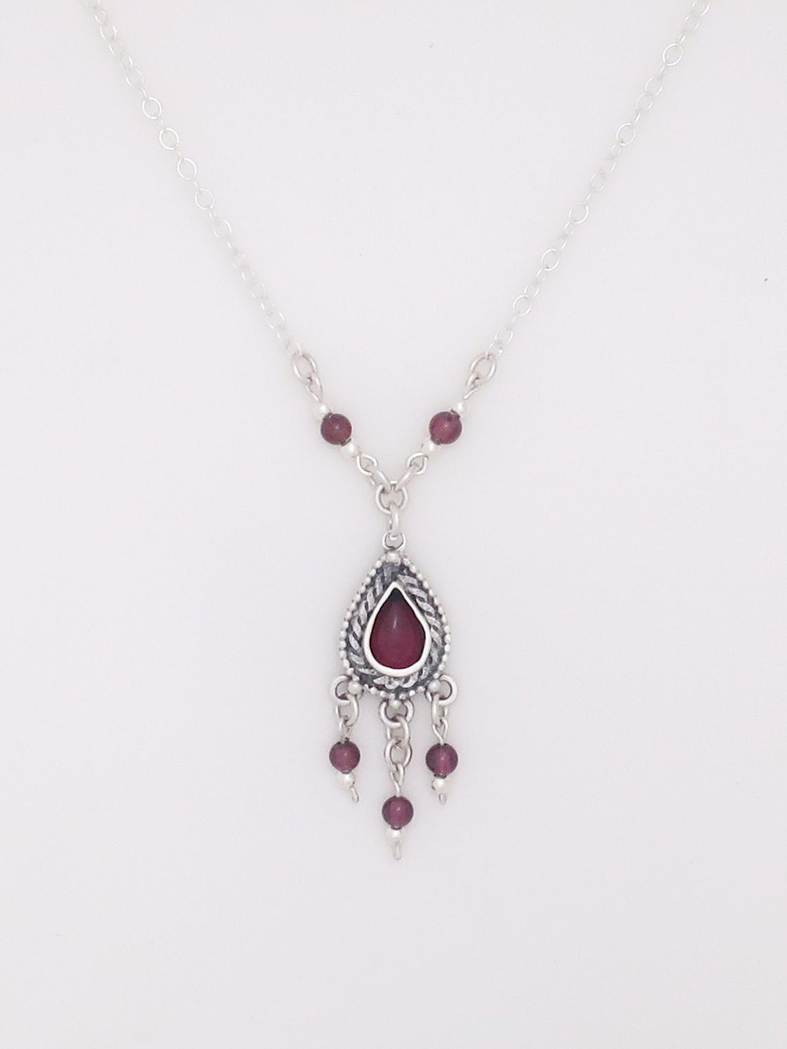 B97-  Drop Silver Necklace with Garnet Stone