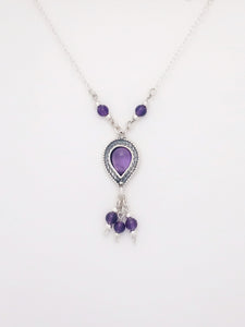 B218-  Drop Silver Necklace with Amethyst Stone and Amethyst Beads