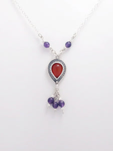 B218-  Drop Silver Necklace with Carnelian Stone and Amethyst Beads