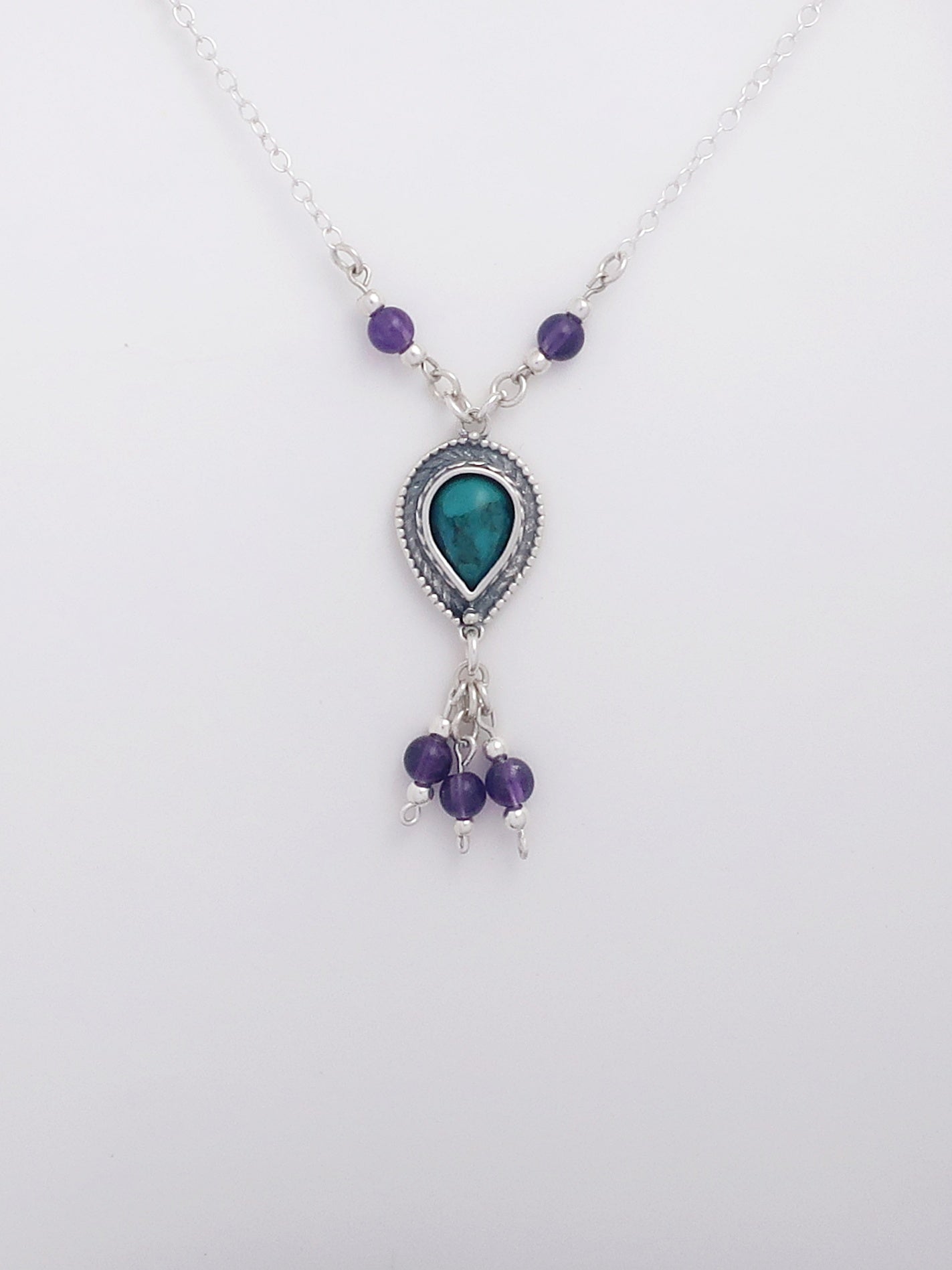 B218-  Drop Silver Necklace with Turquoise Stone and Amethyst Beads