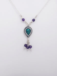 B218-  Drop Silver Necklace with Turquoise Stone and Amethyst Beads