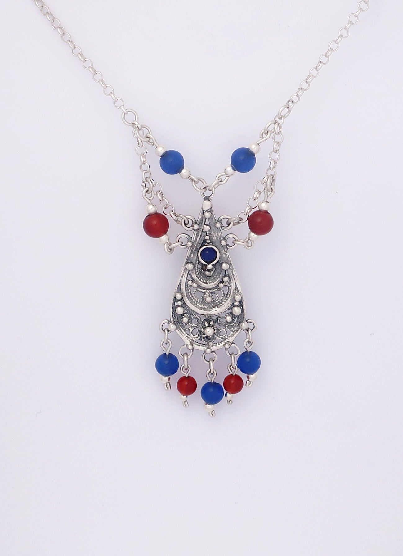 B219- Silver Filigree Necklace with Lapis Stone