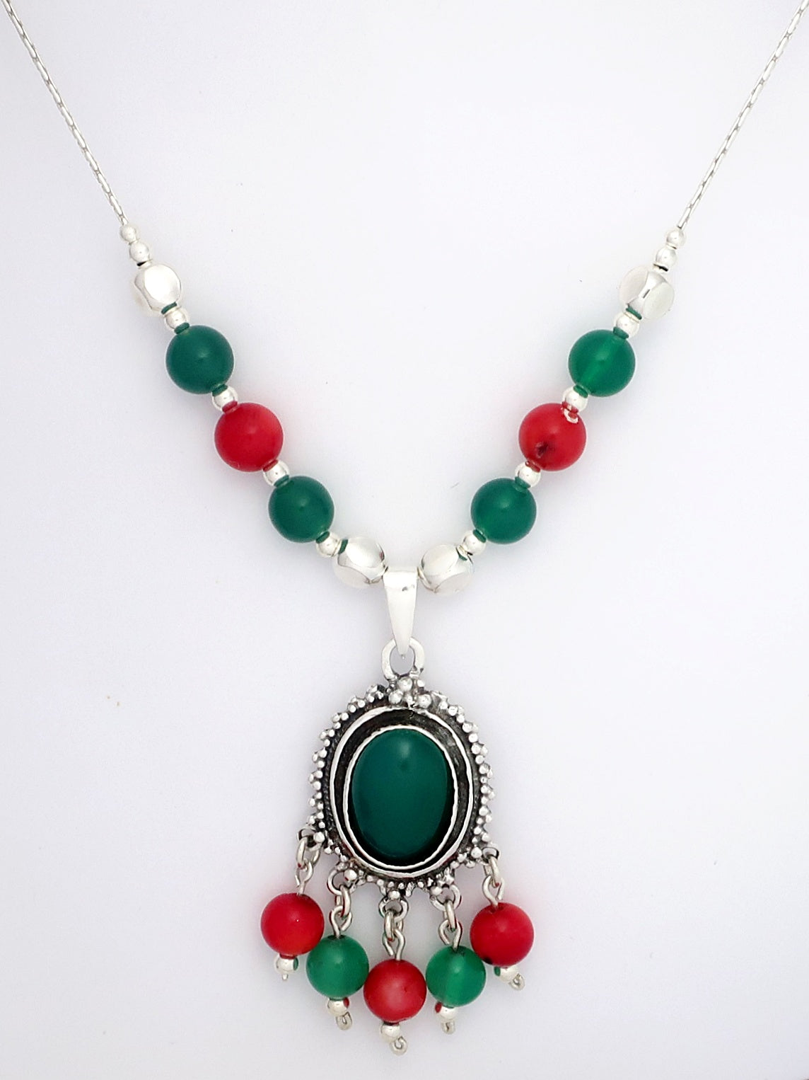 B220- Silver Necklace with Hematite/Green Agate Stone
