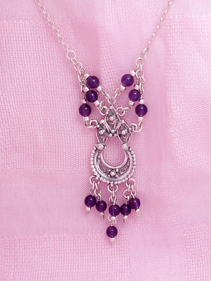 B107- Silver Filigree Necklace with Amethyst beads