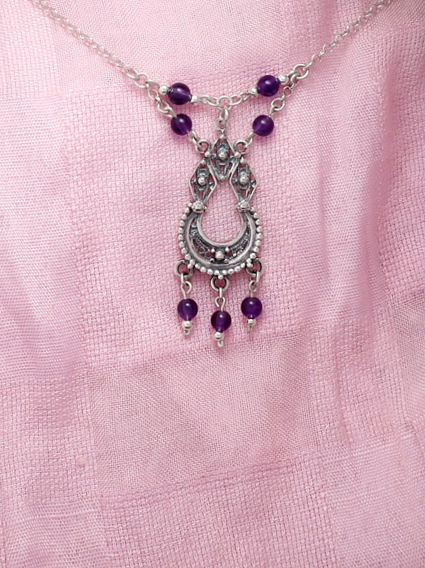 B115 Silver Filigree Necklace with Amethyst beads