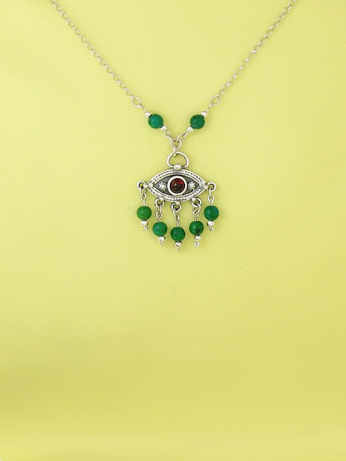 B132-Silver Eye Necklace with Garnet Stone