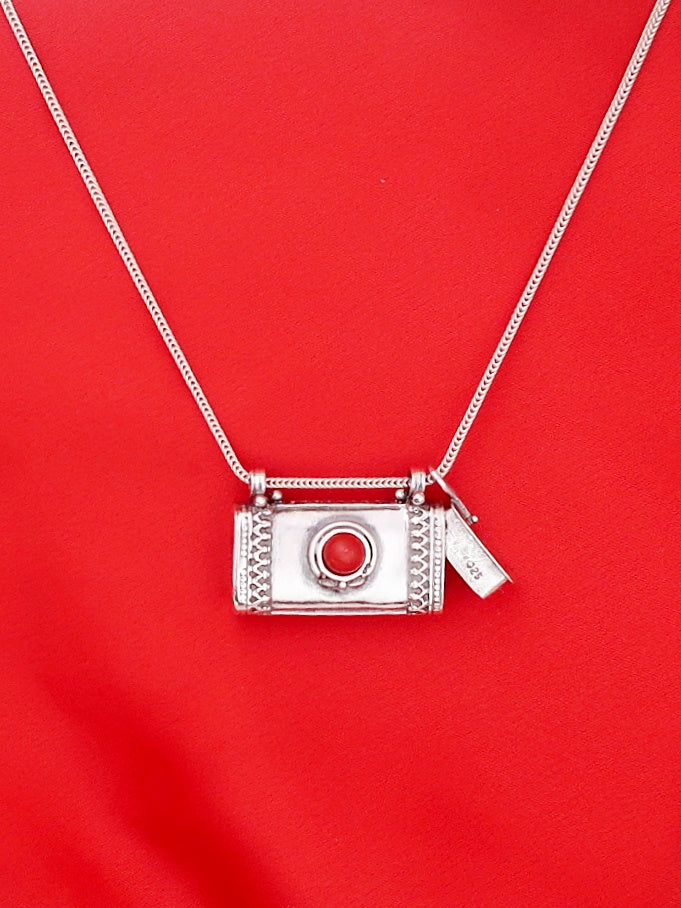 C12- Square Box Amulet with Opening Cap with Garnet/Onyx/Turquoise - Zehava Jewelry
