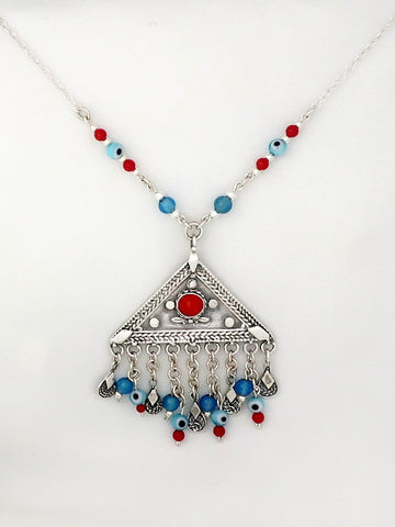 B127-  Triangle Necklace with Coral Stone