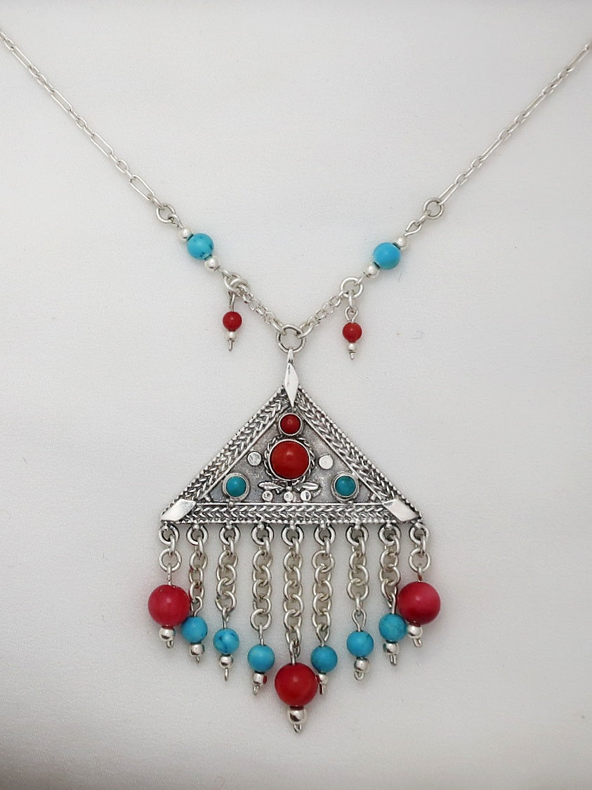 B147-  Triangle Necklace with Coral Stone