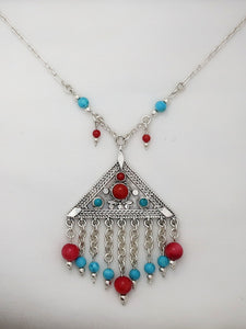 B147-  Triangle Necklace with Coral Stone