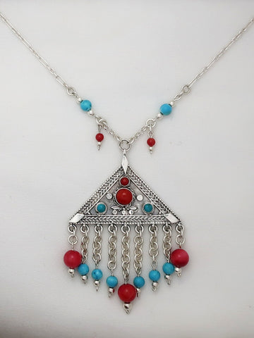 B147-  Triangle Necklace with Coral Stone