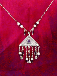 B152- Silver Triangle Necklace with Amethyst Stone