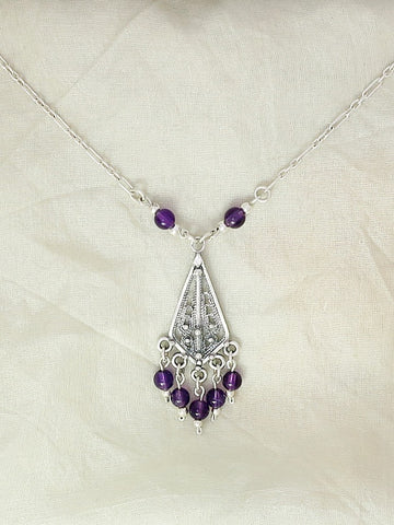 B151- Silver Filigree Necklace with Amethyst beads