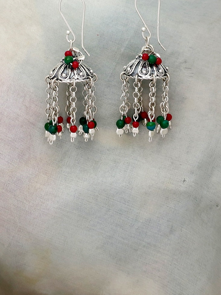 E87- Silver Earrings with Turquoise & Carnelian Beads