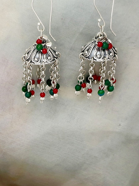 E87- Silver Earrings with Turquoise & Carnelian Beads