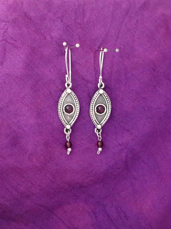 E32.2-  Silver Eye Earrings with Garnet Stone - Zehava Jewelry