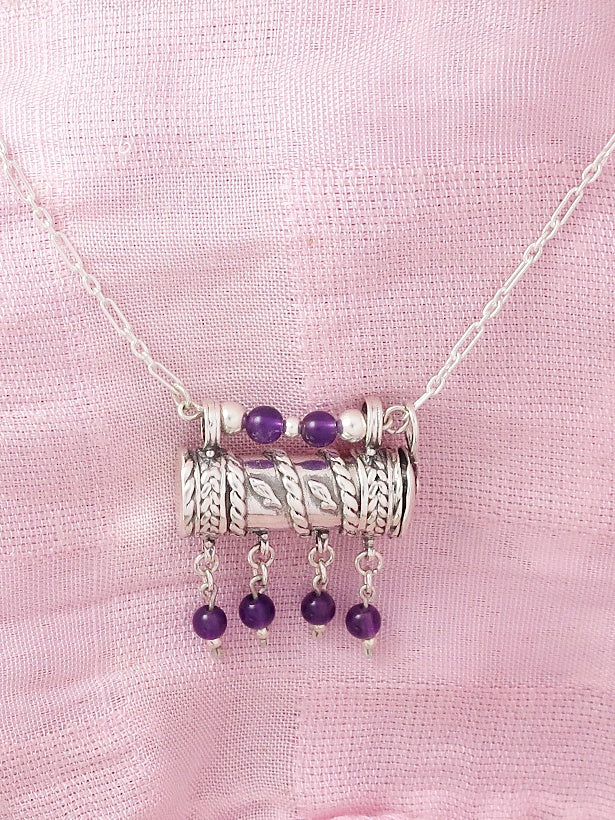D6- Round Box Pendant with Opening Cap and Turquoise/ Amethyst Beads
