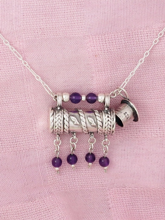 D6- Round Box Pendant with Opening Cap and Turquoise/ Amethyst Beads