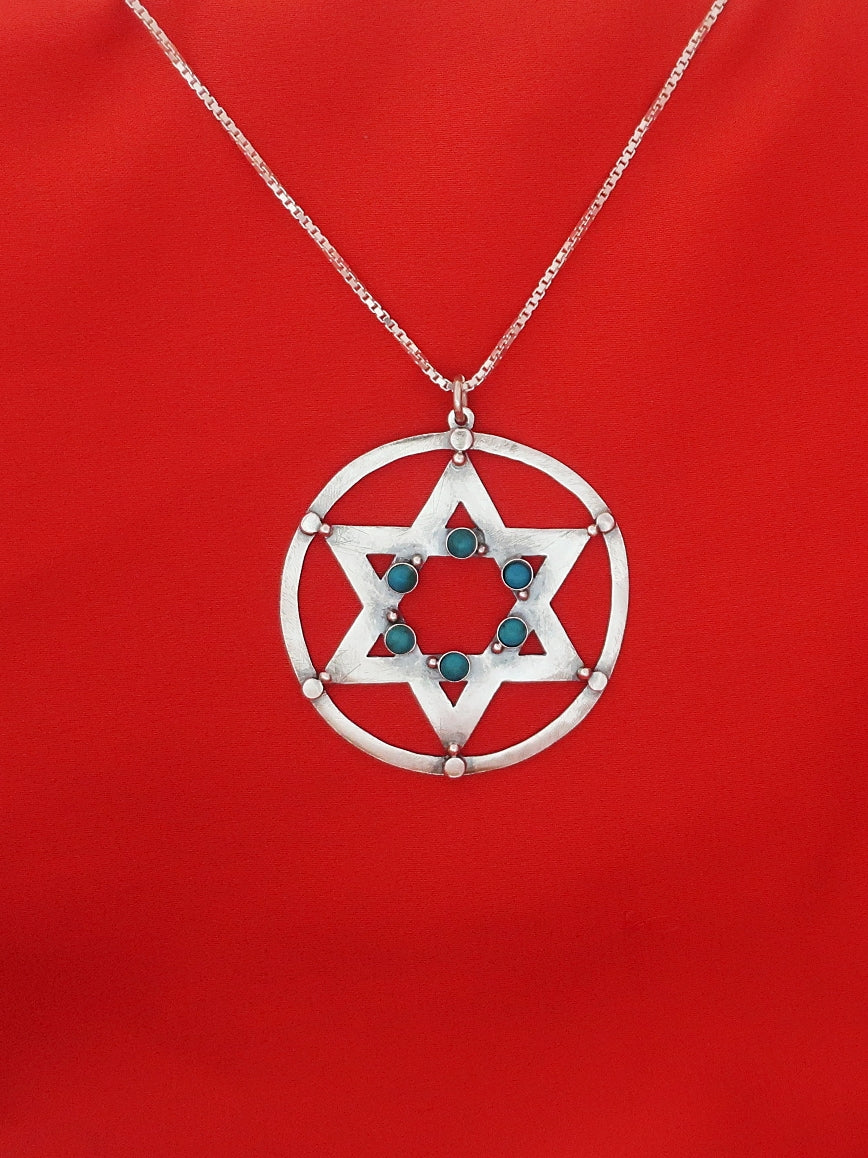 B168- David's Star Pendant with Garnet/ Turquoise Stones