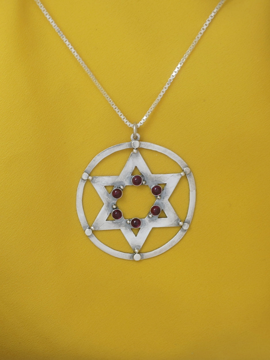 B168- David's Star Pendant with Garnet/ Turquoise Stones